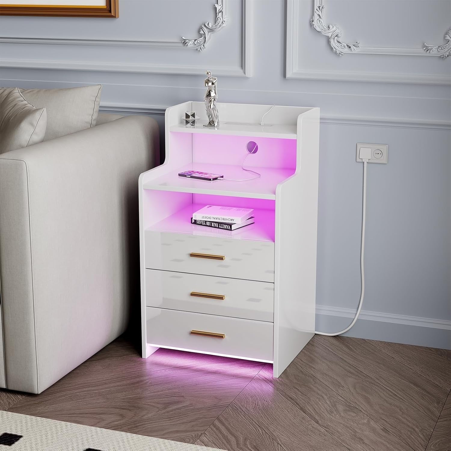 White LED Bedside Table with Power Socket, RGB Lights & 3 Drawers