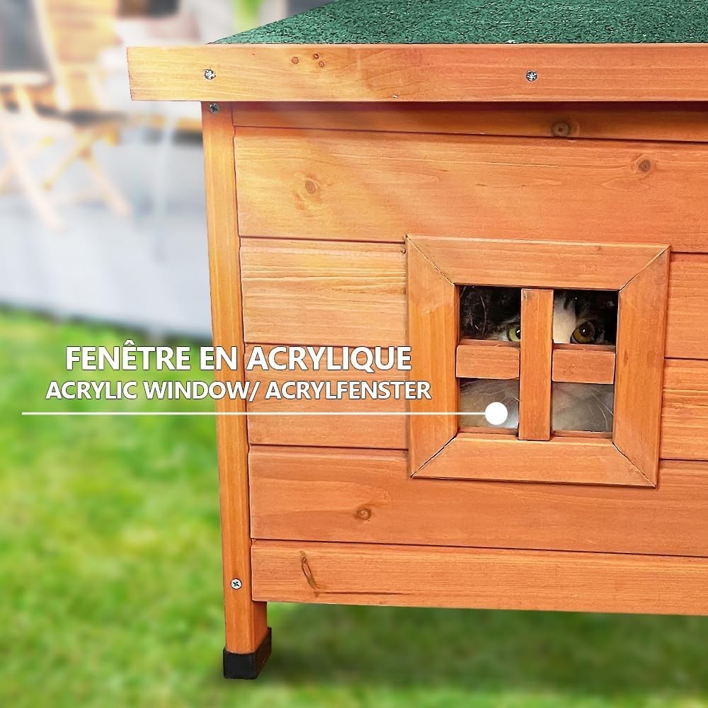 Outdoor Wooden Cat House Shelter with Window Raised Floor 57x45x43cm