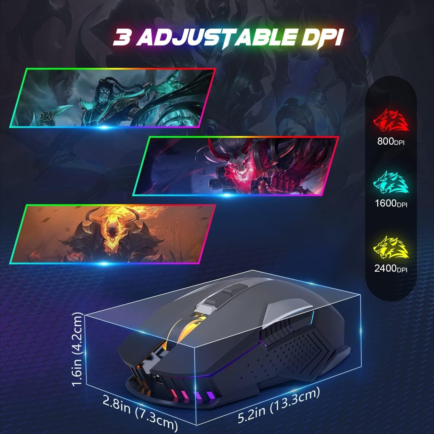 Wireless Gaming Mouse RGB 2400 DPI Rechargeable Silent Black