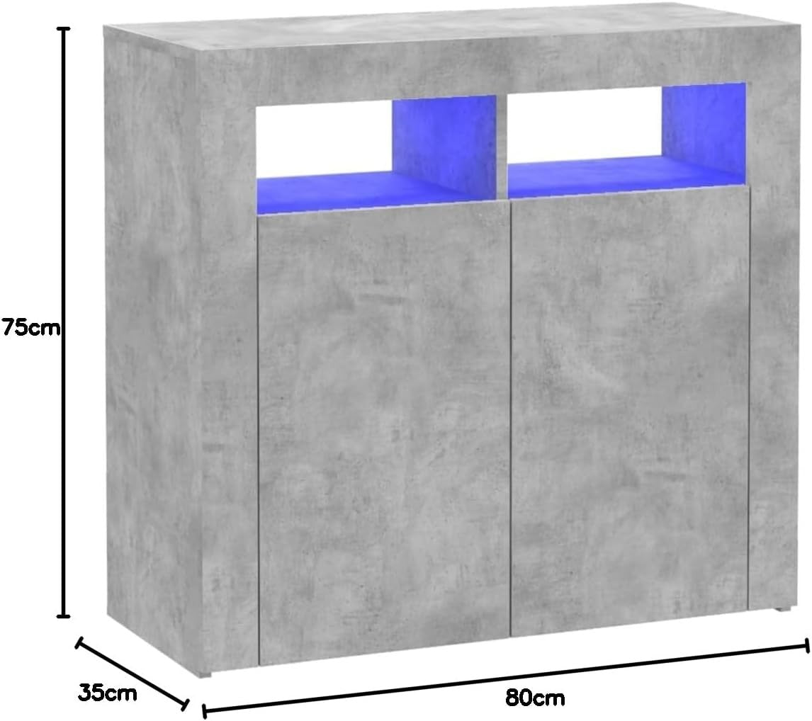 Concrete Grey LED Sideboard Cabinet Cupboard Storage Unit 80cm Modern Home