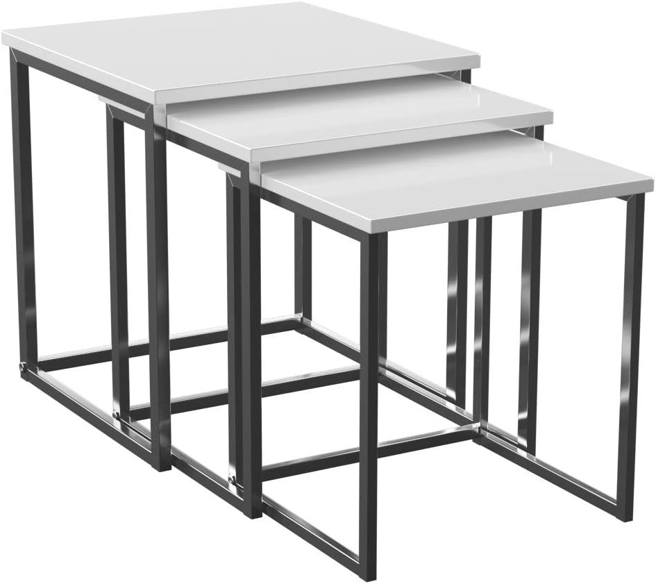 High Gloss White Square Nesting Table Set of 3 Chrome Legs Modern Coffee Side