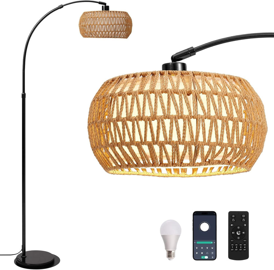 Dimmable Arch Floor Lamp with Remote Boho Rattan Shade Tall Standing Light