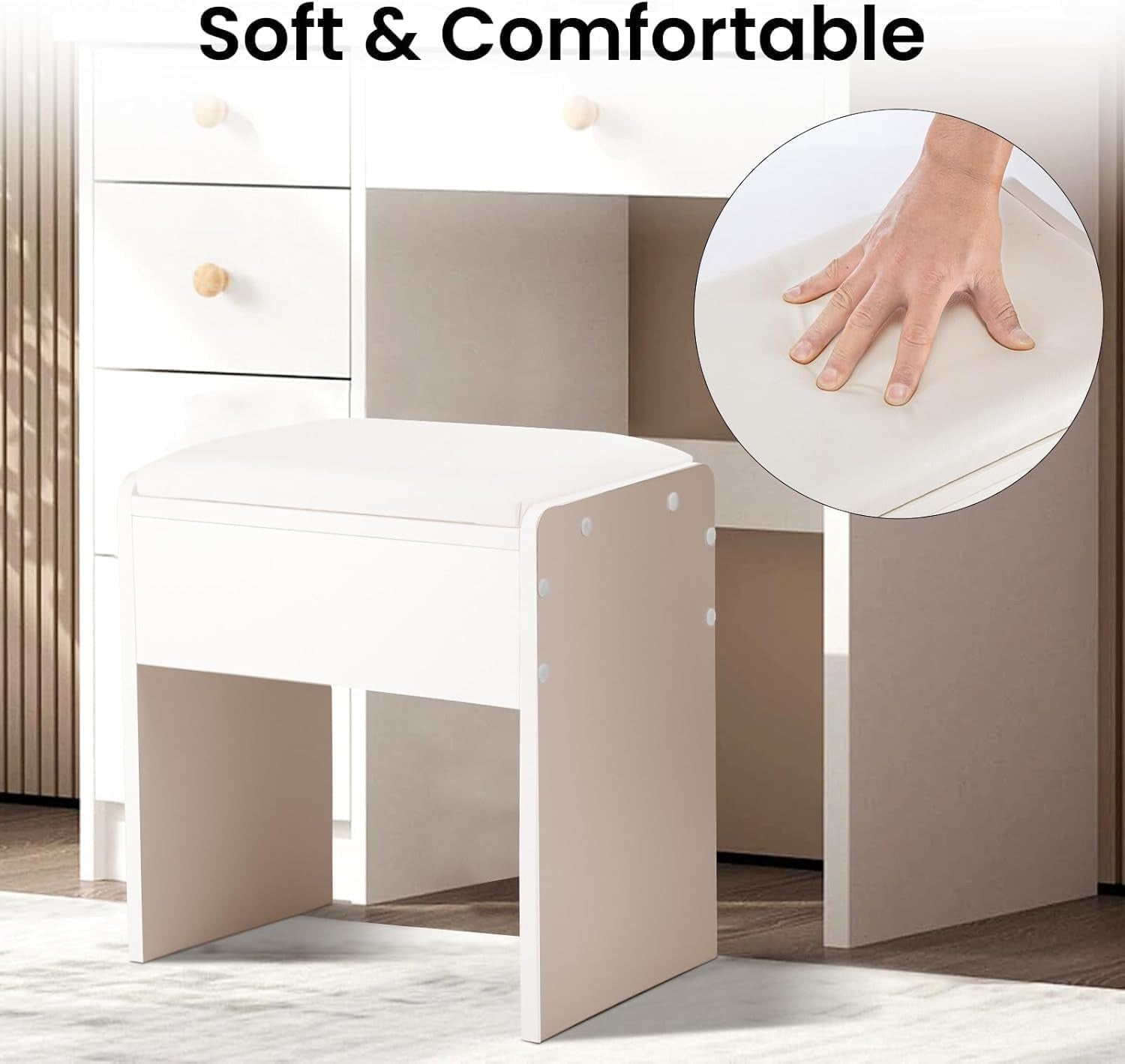 White PU Padded Vanity Stool – Compact Makeup Seat for Bedroom 40×40×26cm