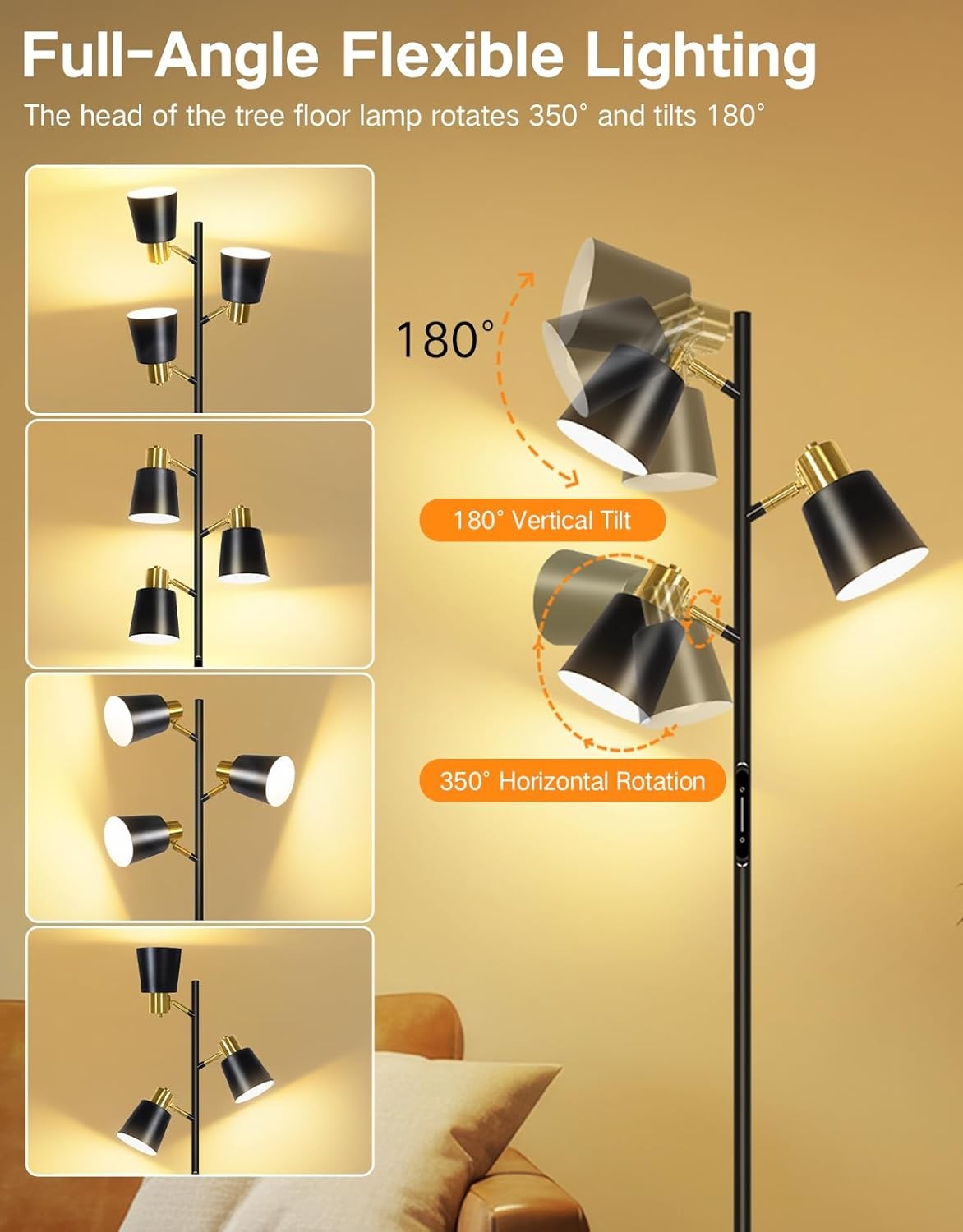 LED Tree Floor Lamp Dimmable Remote Touch 3 Head Adjustable Modern Light