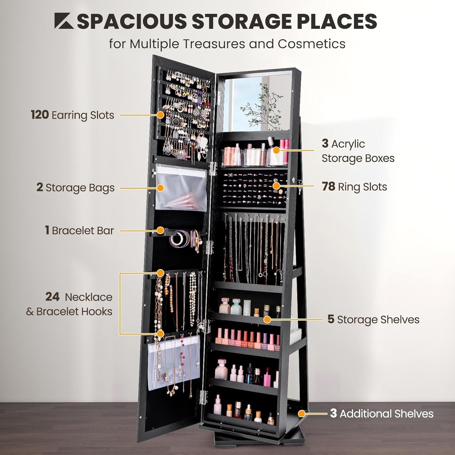 Black 360° Swivel Jewelry Cabinet Mirror Lockable 3-in-1 Storage Stand