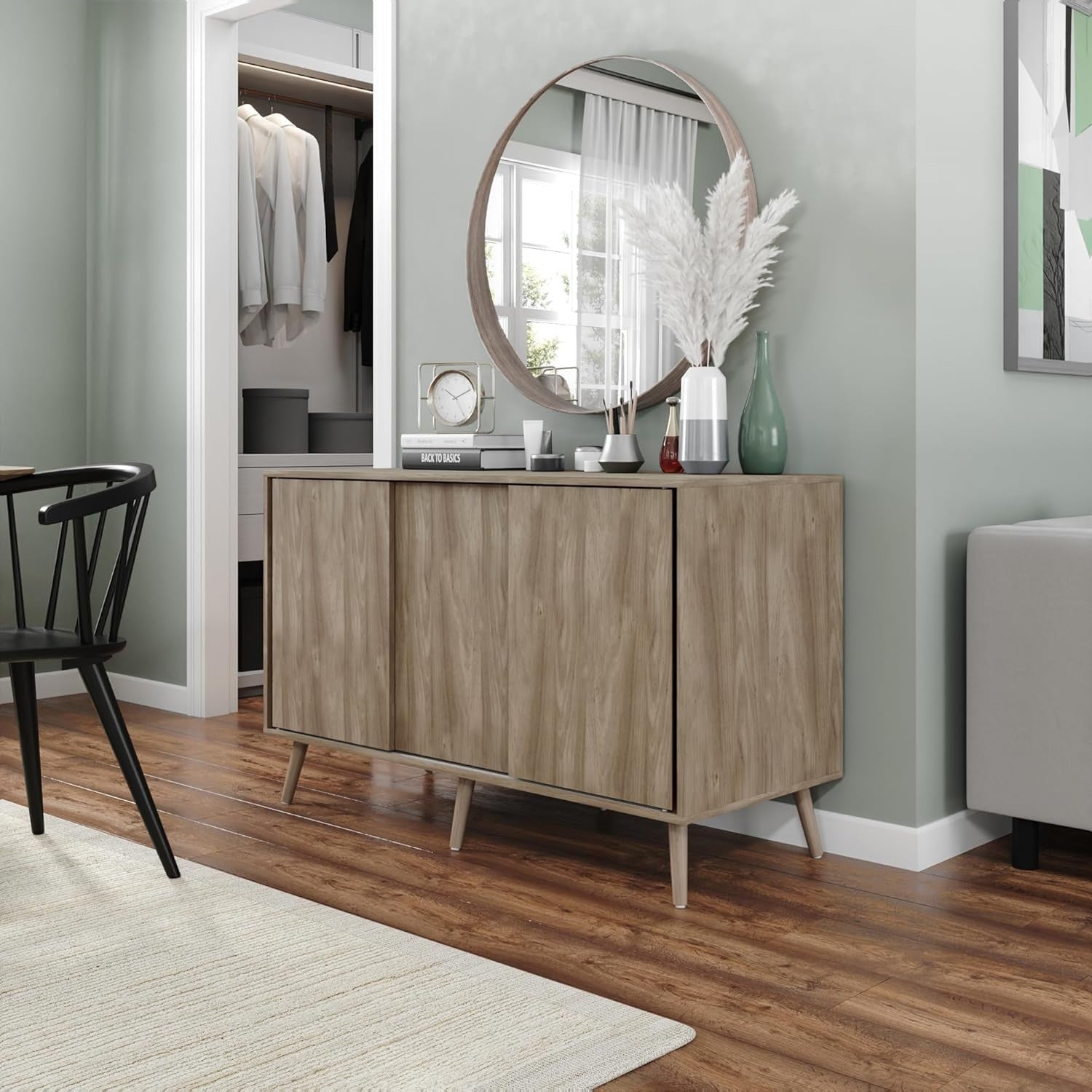 Oak Sideboard Cabinet Sliding Doors Wooden Storage Unit with Beech Legs