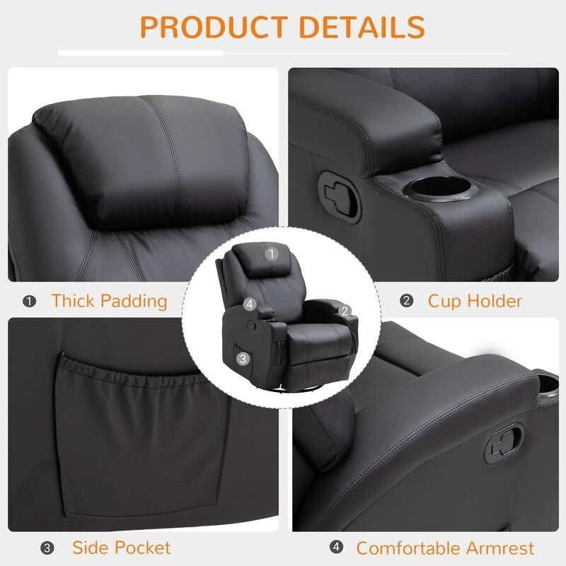 Recliner Massage Armchair PU Leather Swivel Rocking Chair w/ Remote & Cups