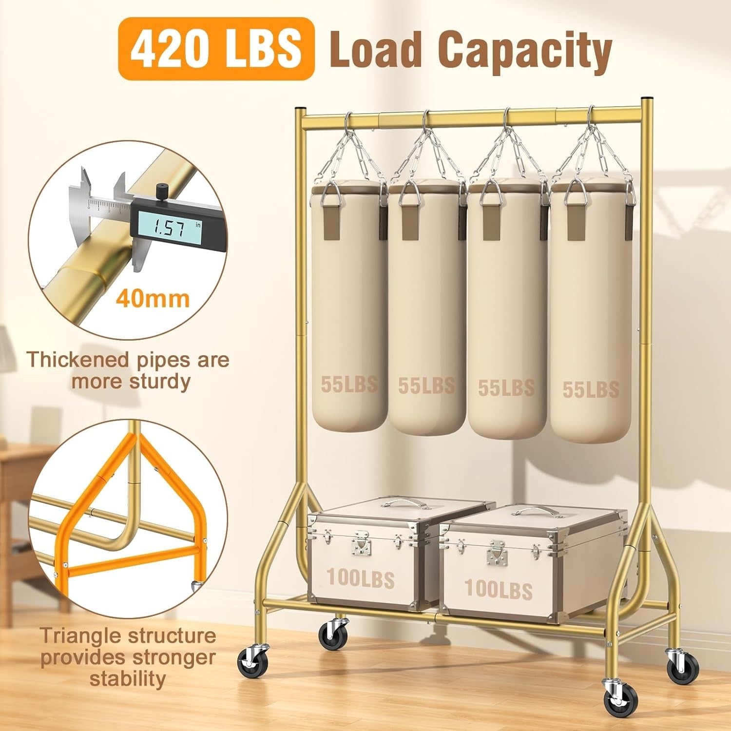 Gold Heavy Duty 180KG Clothes Rail With Wheels Metal Rack
