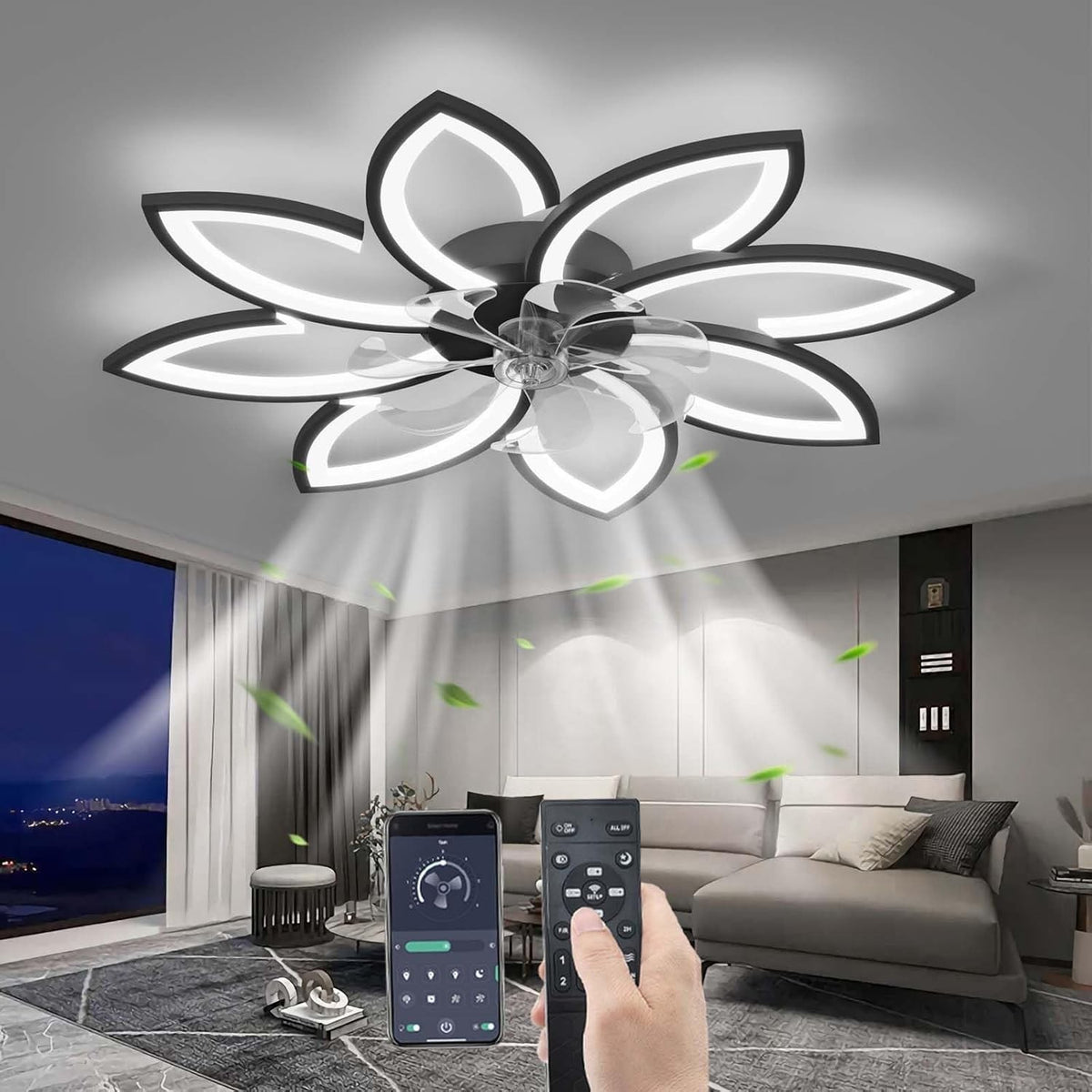 90CM Ceiling Fan with Light, 6-Speed, Remote, Silent DC, Black, LED