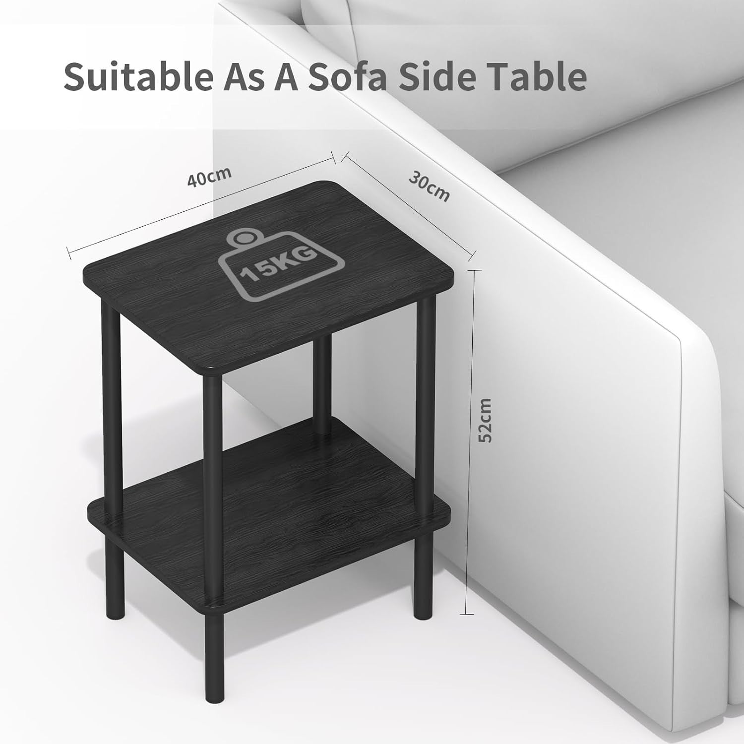 Black 2-Tier Narrow Side Table with Storage Shelf – Slim Bedside End Table