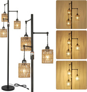 Dimmable Rattan Floor Lamp 3 Light Boho Tall Standing Lamp Stepless Dimmer
