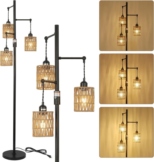 Dimmable Rattan Floor Lamp 3 Light Boho Tall Standing Lamp Stepless Dimmer