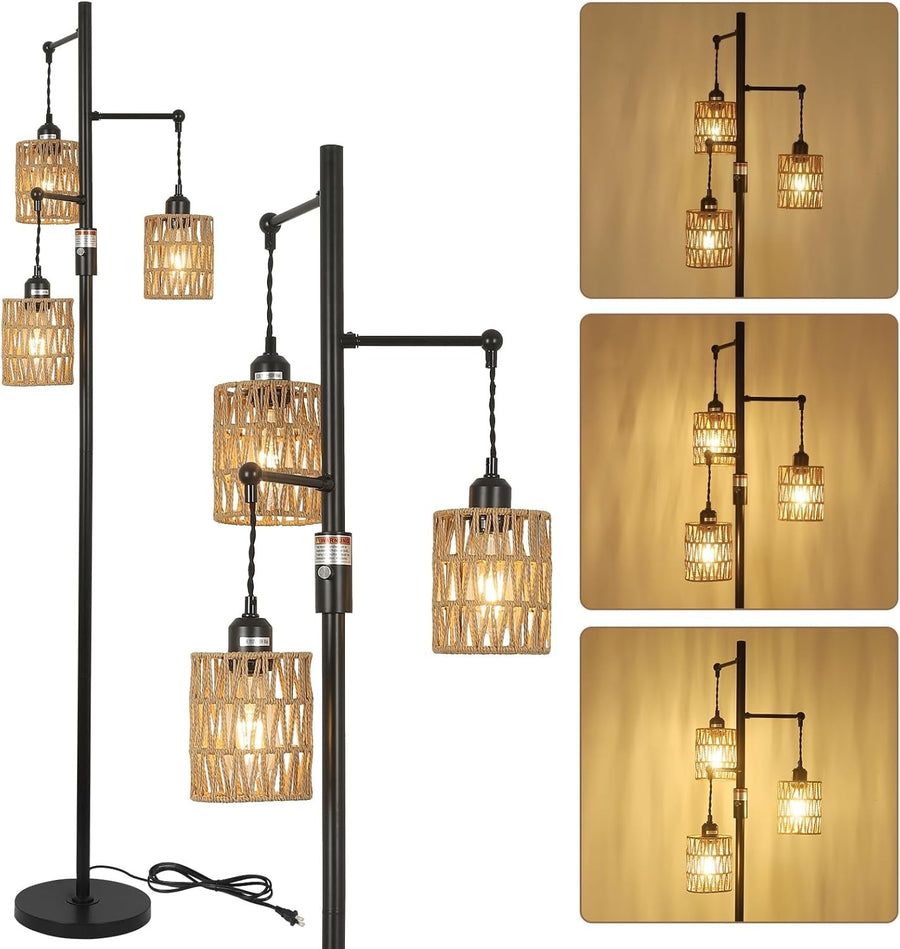 Dimmable Rattan Floor Lamp 3 Light Boho Tall Standing Lamp Stepless Dimmer