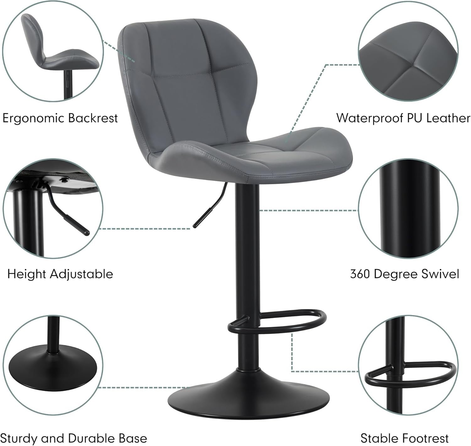 Grey Adjustable PU Leather Bar Stools Set of 2 – Swivel & Height Adjustable