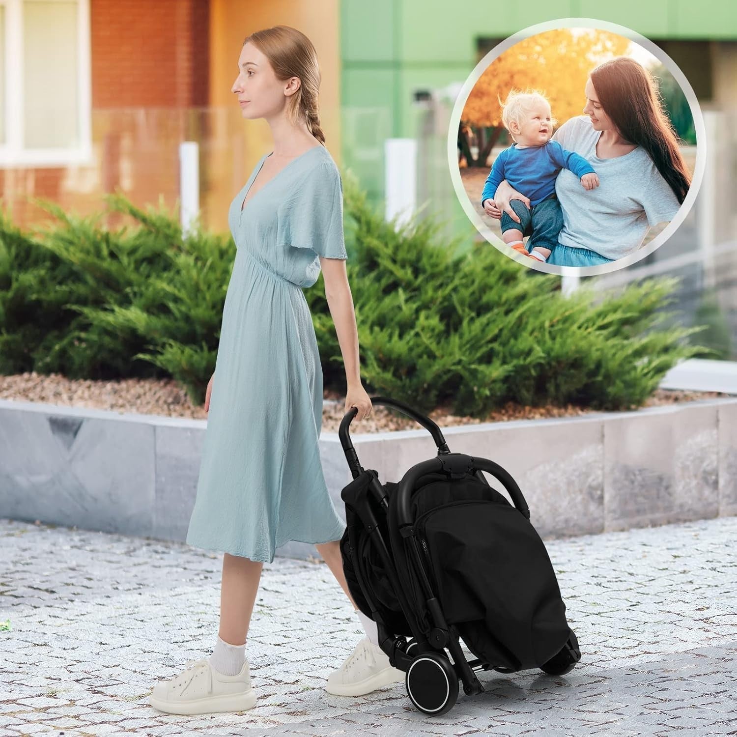 Black Baby Stroller One Hand Fold Lightweight Travel Buggy 5 Point