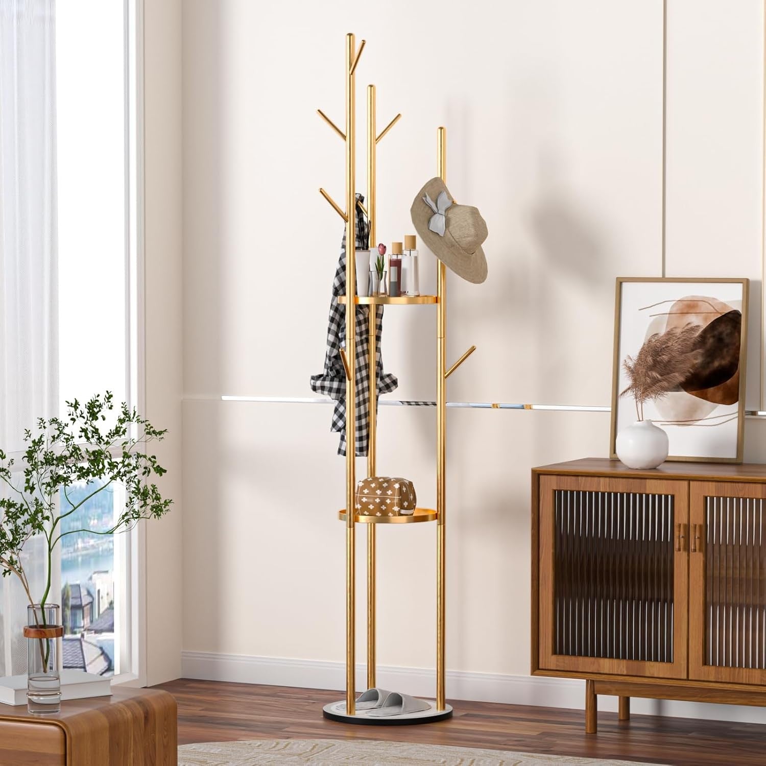Freestanding Gold Coat Rack with Marble Base | 3 Shelves & Multi Hooks Stand