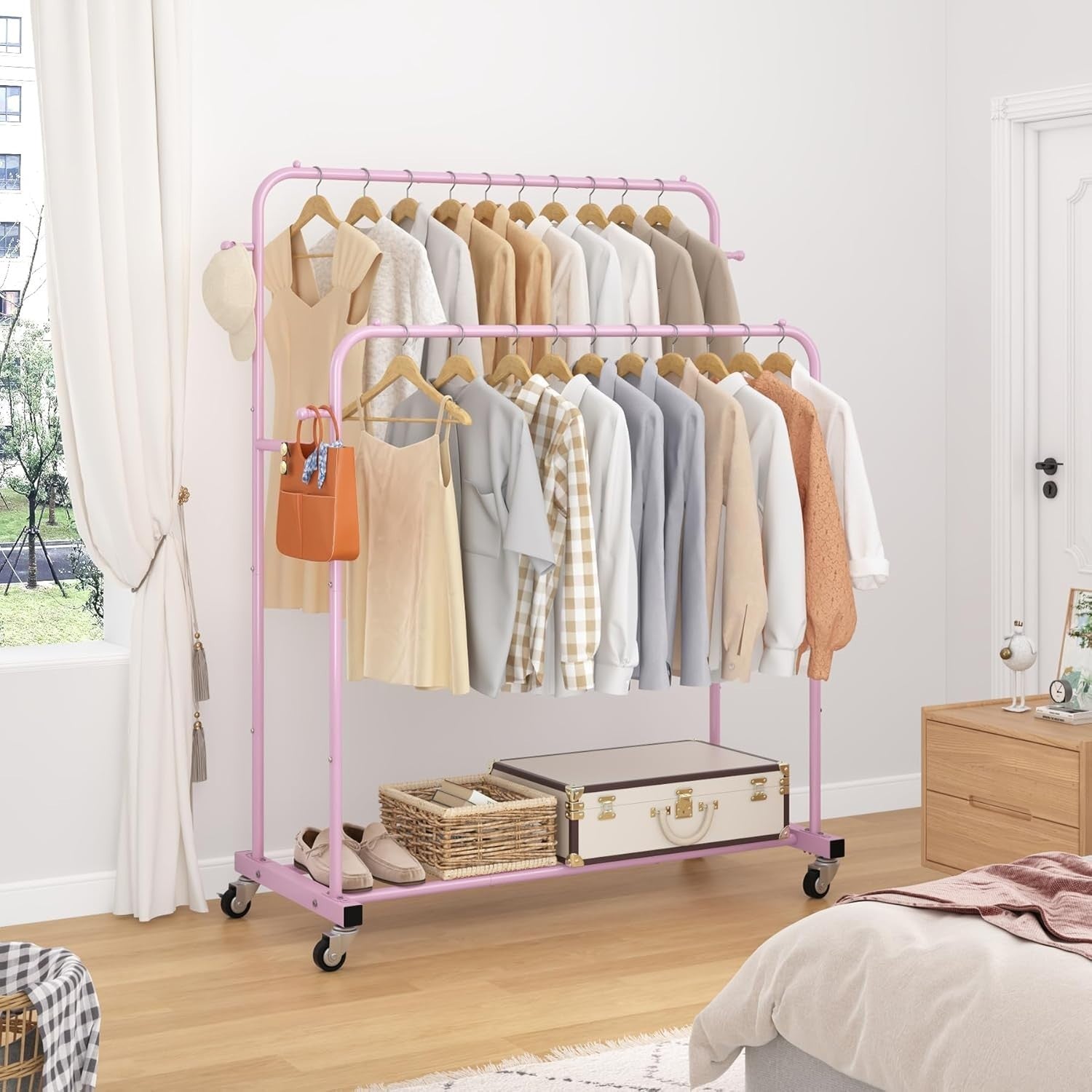 Pink Double Clothes Rail with Wheels & Hooks 169cm