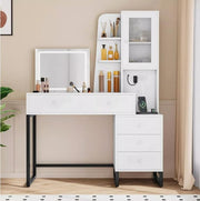 LED Vanity Desk with Mirror, Makeup Table 5 Drawers, USB, Shelves White