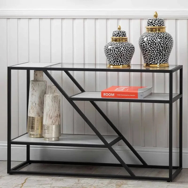 Modern Glass Console Table | 2 Tier Black Frame Entryway Shelf Unit