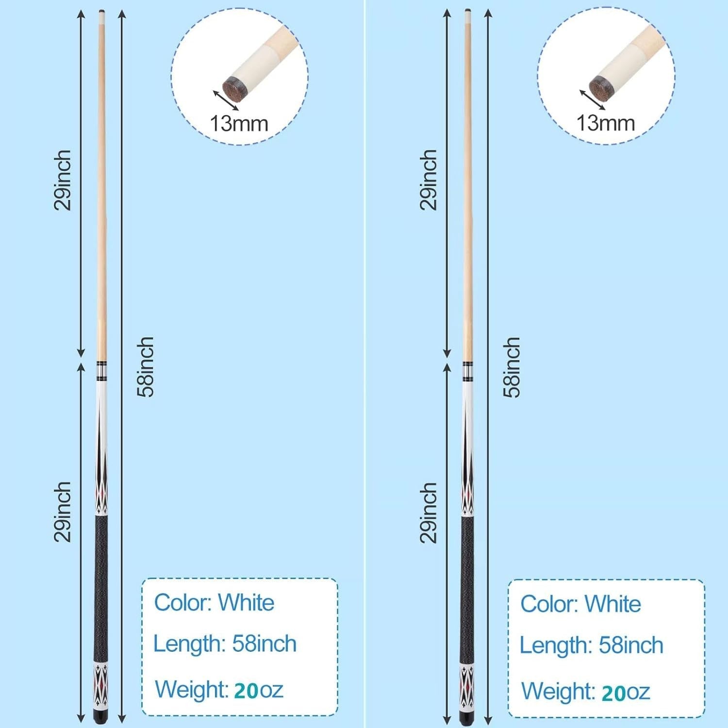 58" Pool Cue Set 2 Pack 20oz Maple Billiard Sticks 13mm Linen Wrap