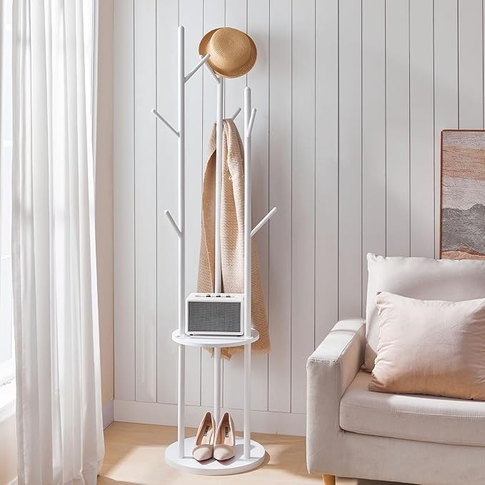 White Freestanding Coat Rack with 8 Hooks & Shelves | Modern Hall Tree Stand