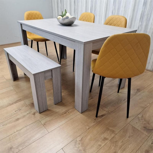 6 Seater Light Grey Dining Table Set with Mustard Chairs & Bench, MDF