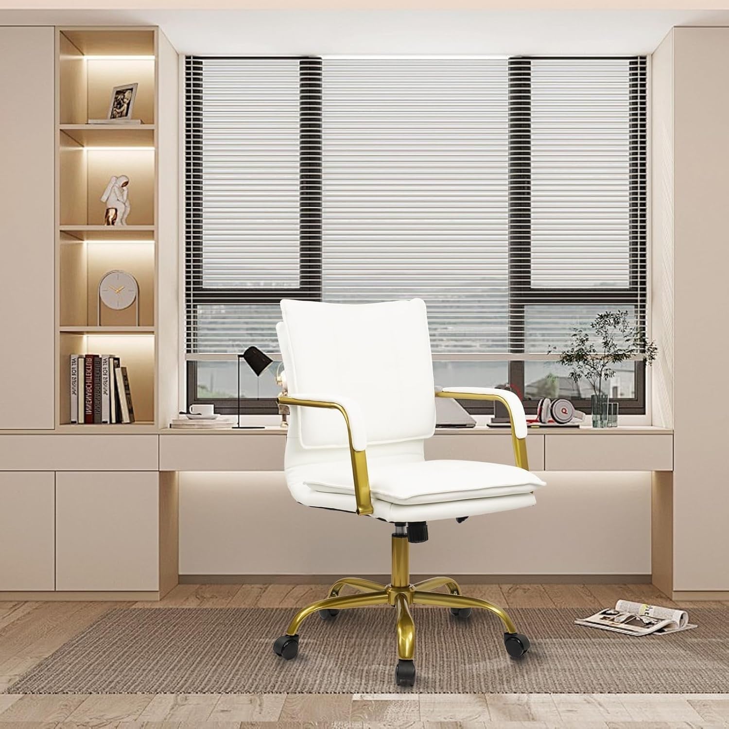 Executive Ergonomic Office Desk Chair White Faux Leather Adjustable Swivel Rolli