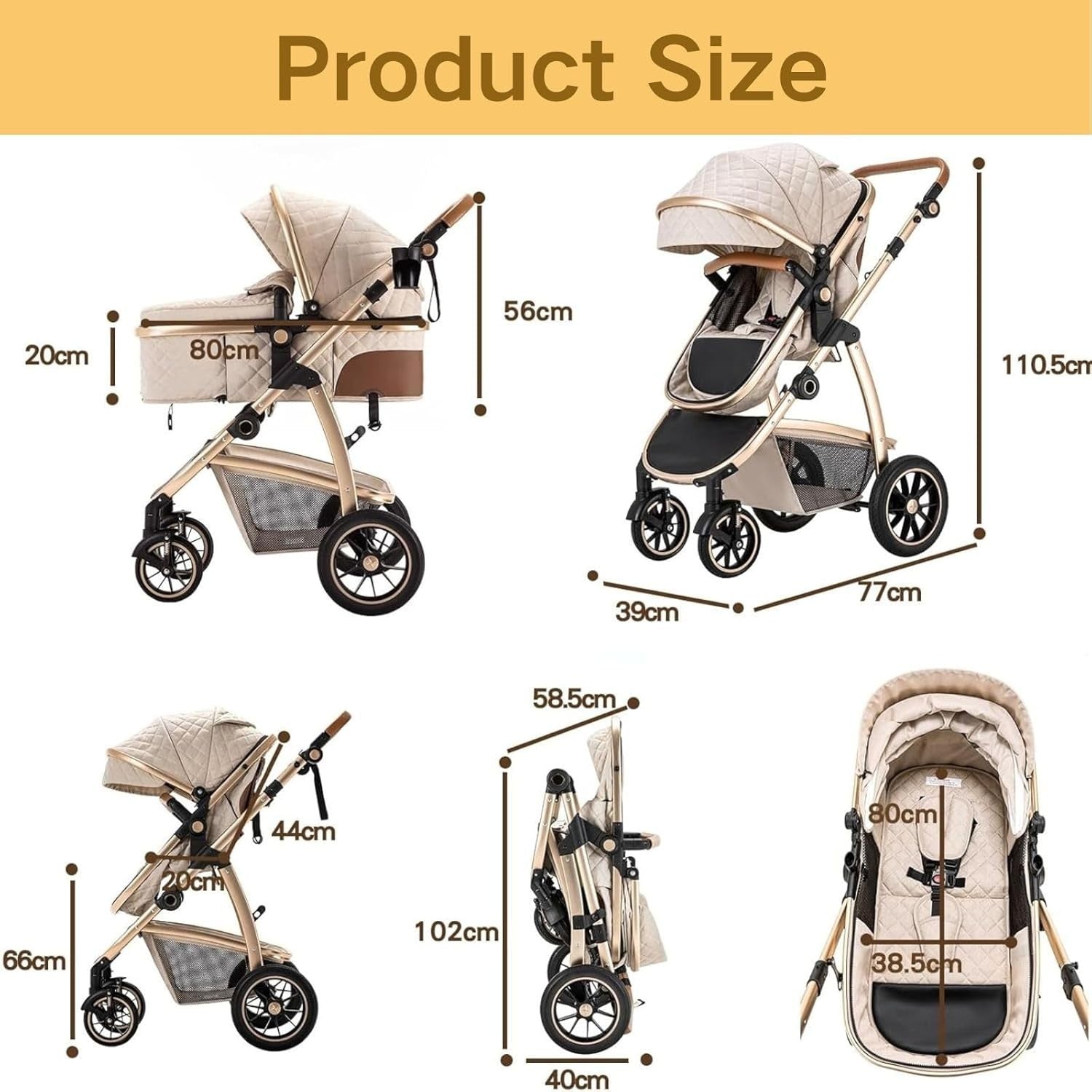 3-in-1 Baby Stroller Travel System Beige 0-4Y Adjustable Handle Car Seat