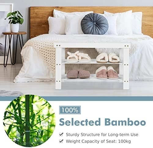White Bamboo Shoe Storage Bench – 3-Tier Rack & Seat for Entryway 70cm