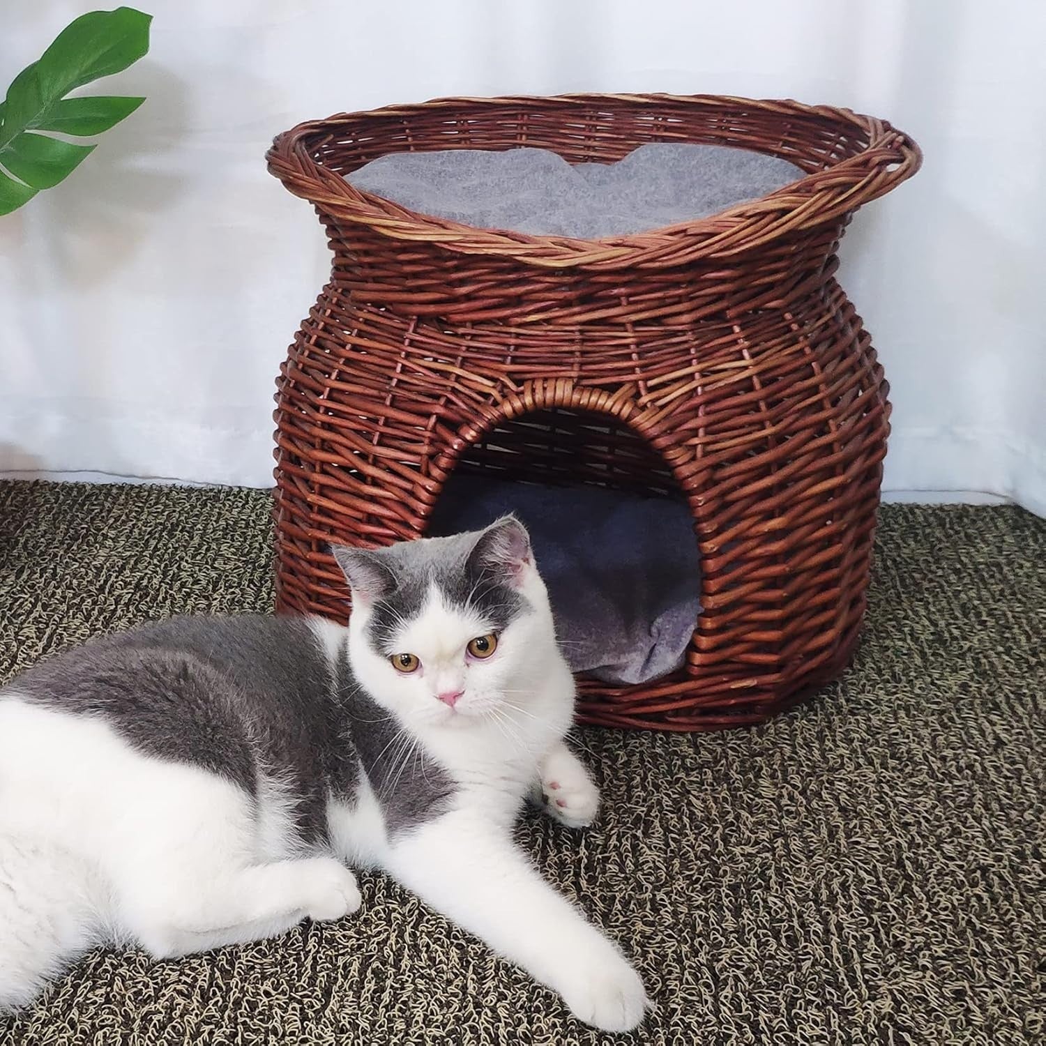 2 Tier Wicker Cat Cave House Basket Bed with Cushions Brown