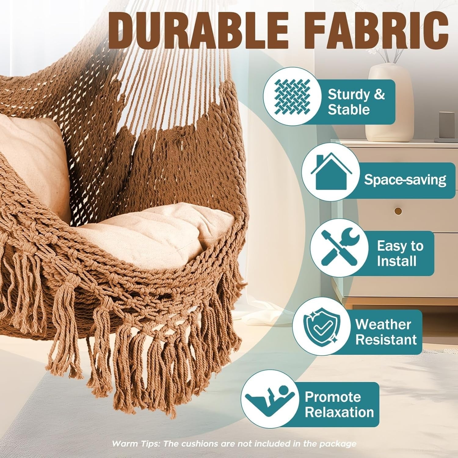 Brown Hanging Hammock Chair – Soft Cotton Mesh, Wide Seat, 120kg Max