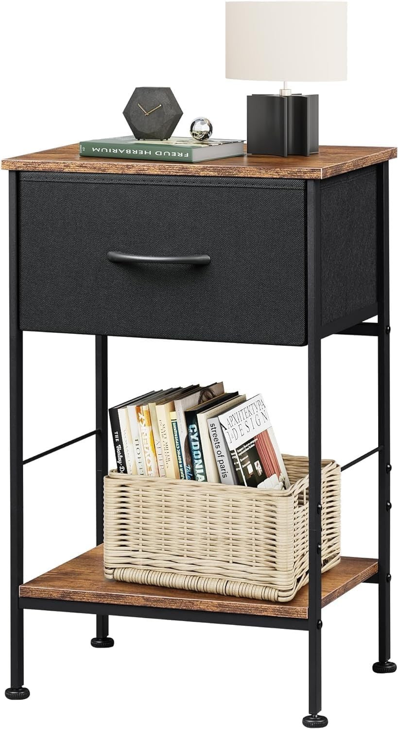 Rustic Brown 2-Tier Bedside Table with Drawer – Slim Nightstand Storage