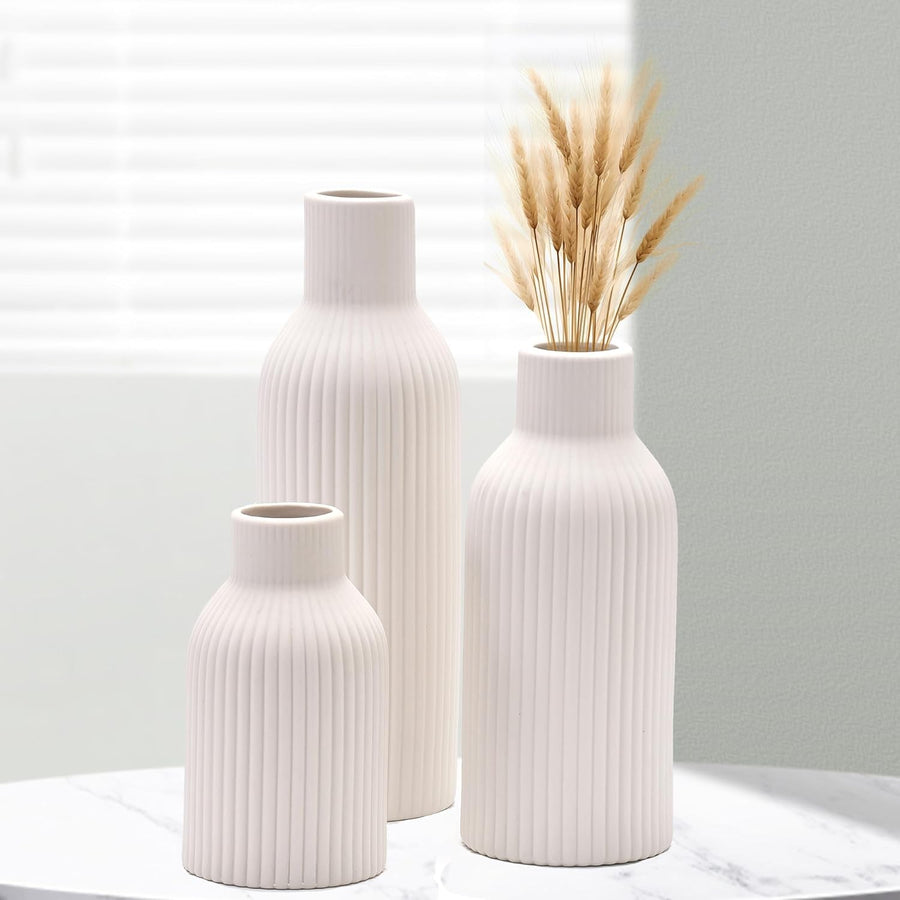 Ceramic Vase Set of 3 White Ribbed Flower Vases Modern Boho Decor
