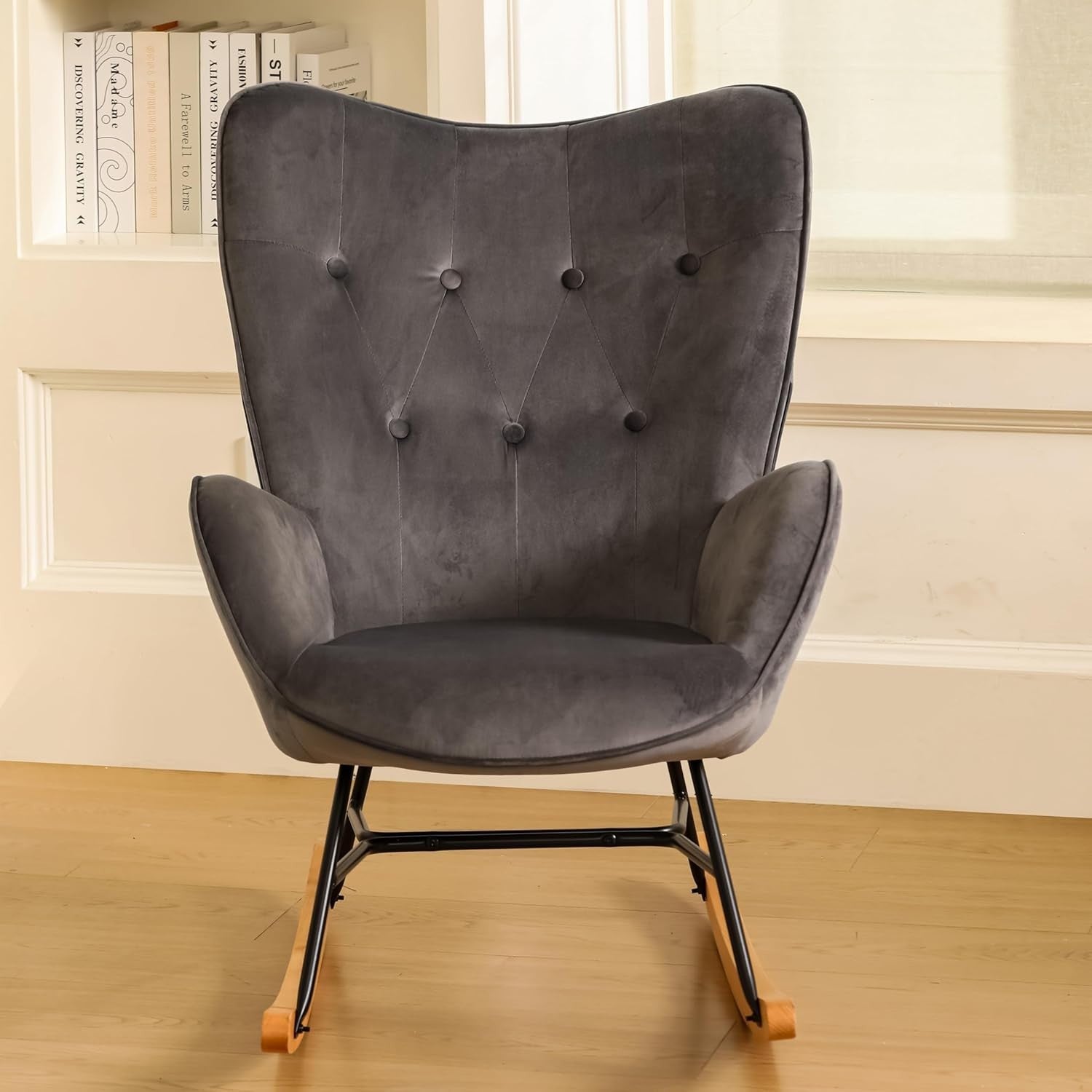 Velvet Rocking Chair Grey High Back Comfy Armchair for Lounge Nursery