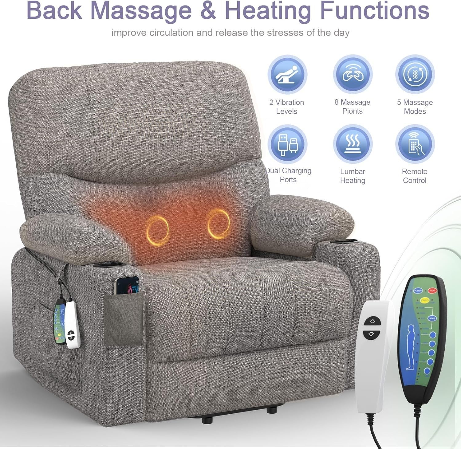 Electric Recliner Chair Massage Heat Oversized Lift USB Type-C Grey Armchair