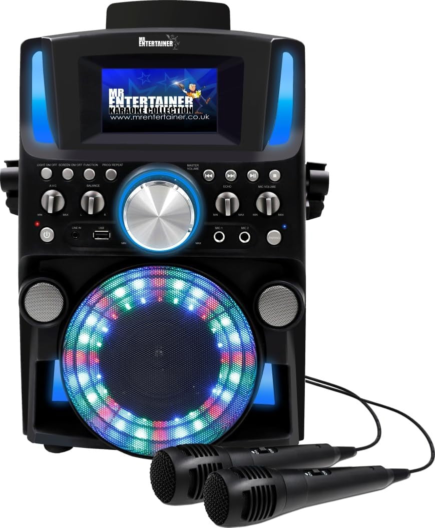Bluetooth CDG Karaoke Machine with Screen Lights 2 Mics 200 Songs