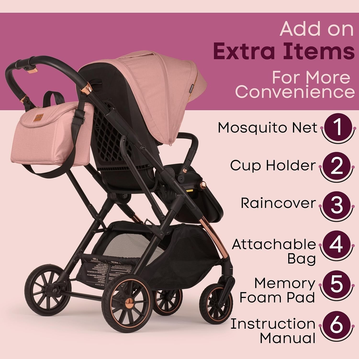 Baby Pushchair Reclining Seat Smooth Suspension Compact Stroller Pink