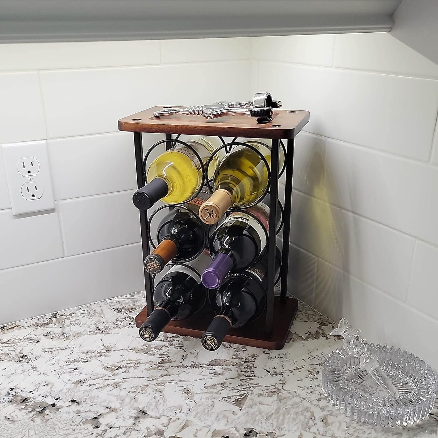 Countertop Wine Rack Holder 6 Bottle Storage Metal & Wood Free Standing Display
