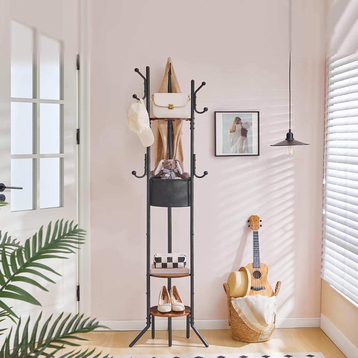 Rustic Brown Black Coat Rack with Shelves | Freestanding Hall Tree Organizer Sta