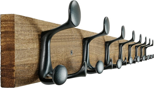Wood Burnt Wall Coat Rack 8 Triple Hooks | Rustic Hanging Rail 43 Inch
