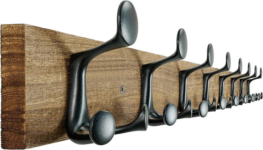 Wood Burnt Wall Coat Rack 8 Triple Hooks | Rustic Hanging Rail 43 Inch