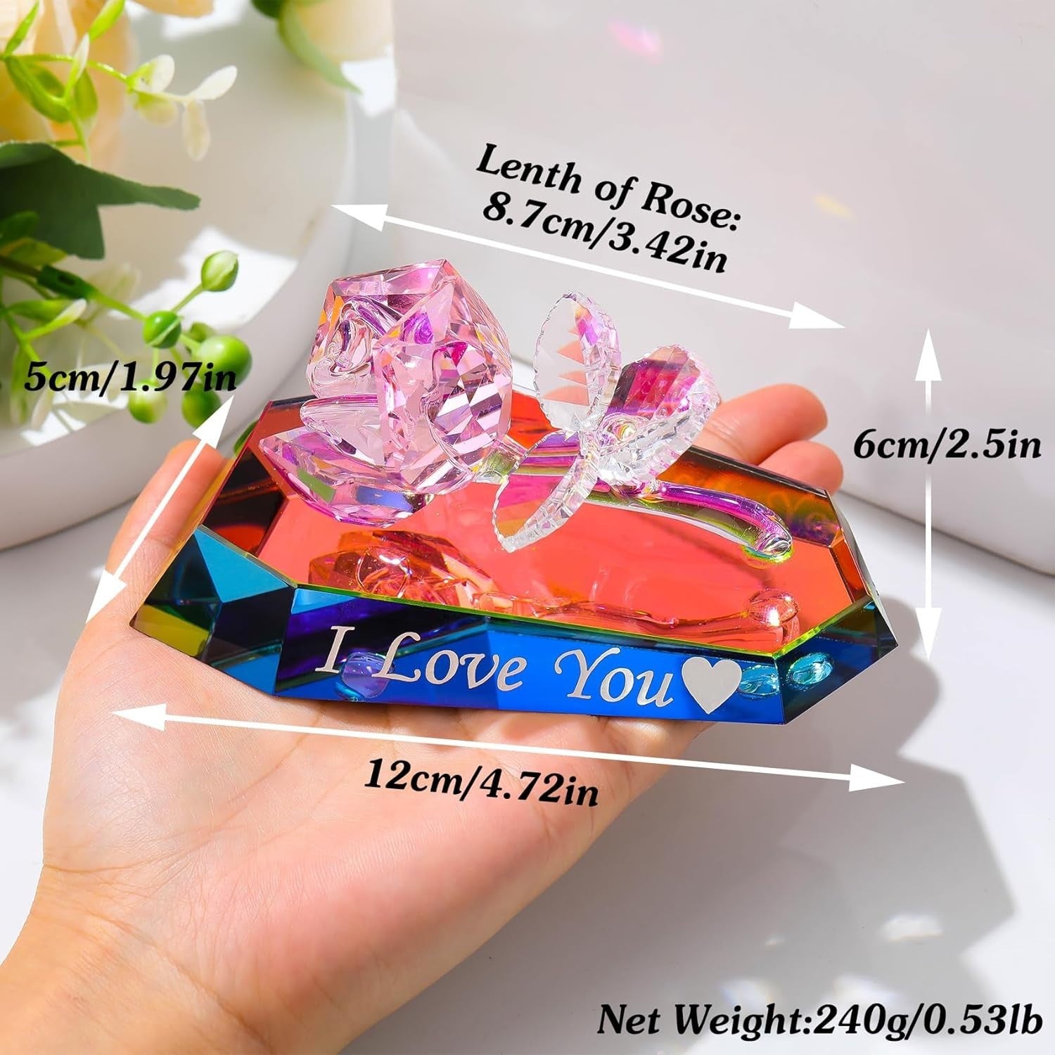 Romantic Crystal Rose Ornament “I Love You” – Multicolour Glass Gift for Her