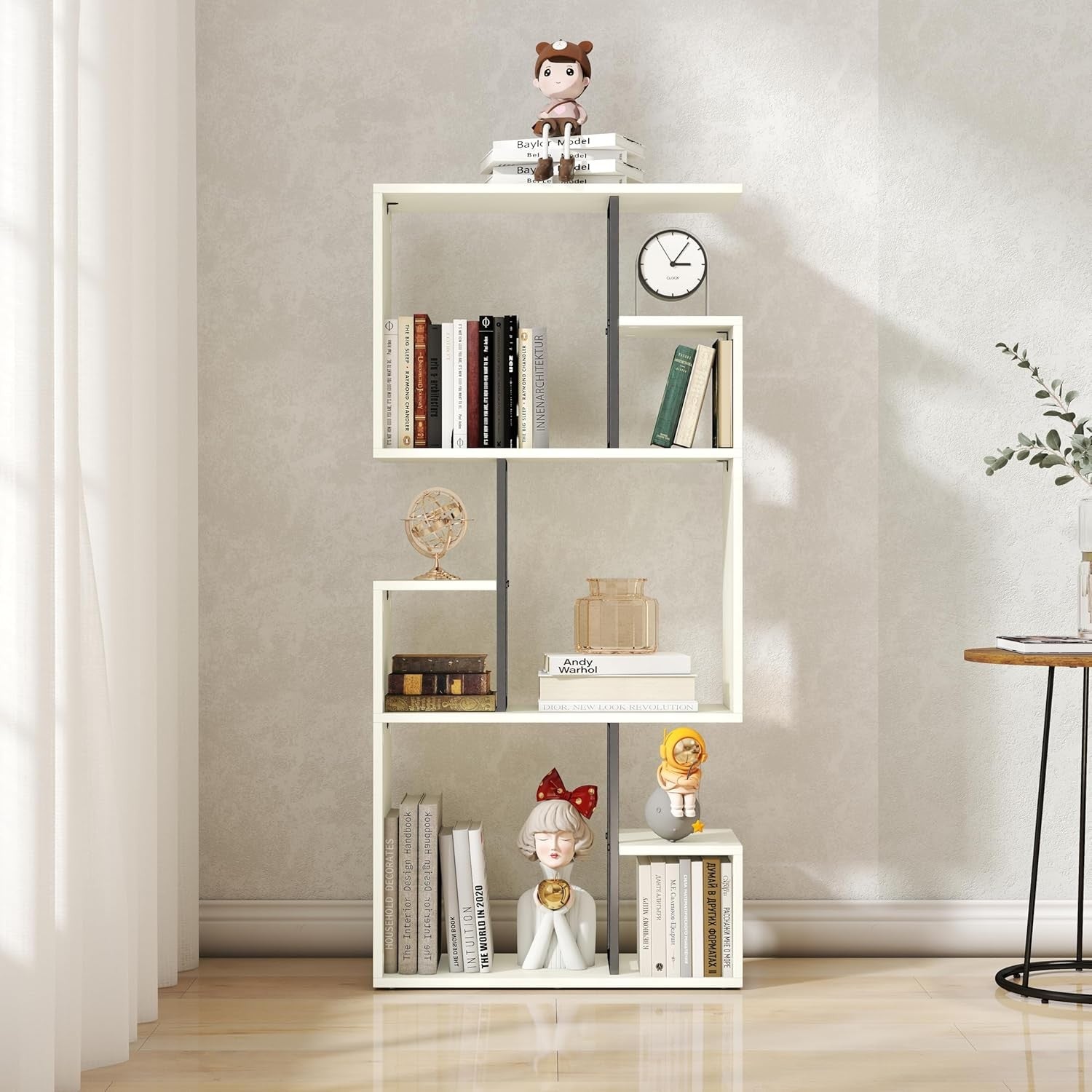 White 3-Tier Slim Bookcase Room Divider, Asymmetric Display Storage Shelf