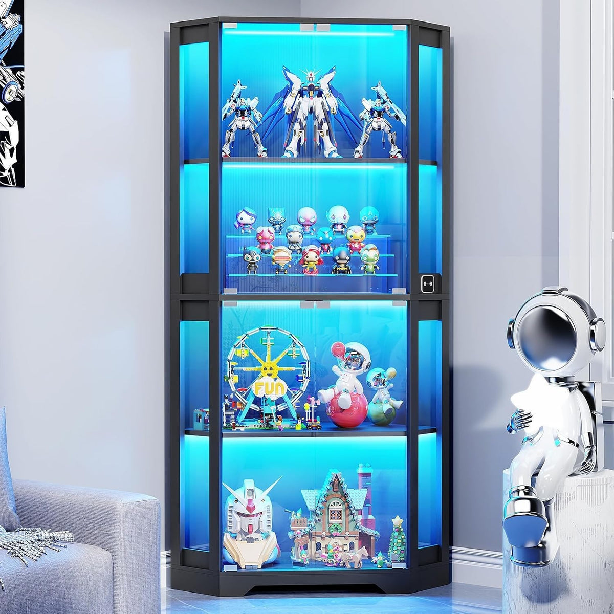 Large Corner Display Cabinet with LED Lights & Human Sensor, 4-Tier, Dustproof