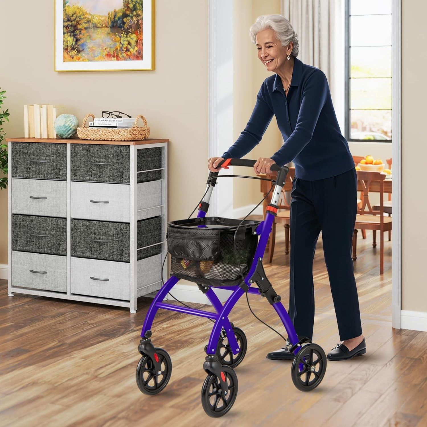Lightweight Folding Rollator Walker 4 Wheel Basket Brakes Narrow Purple