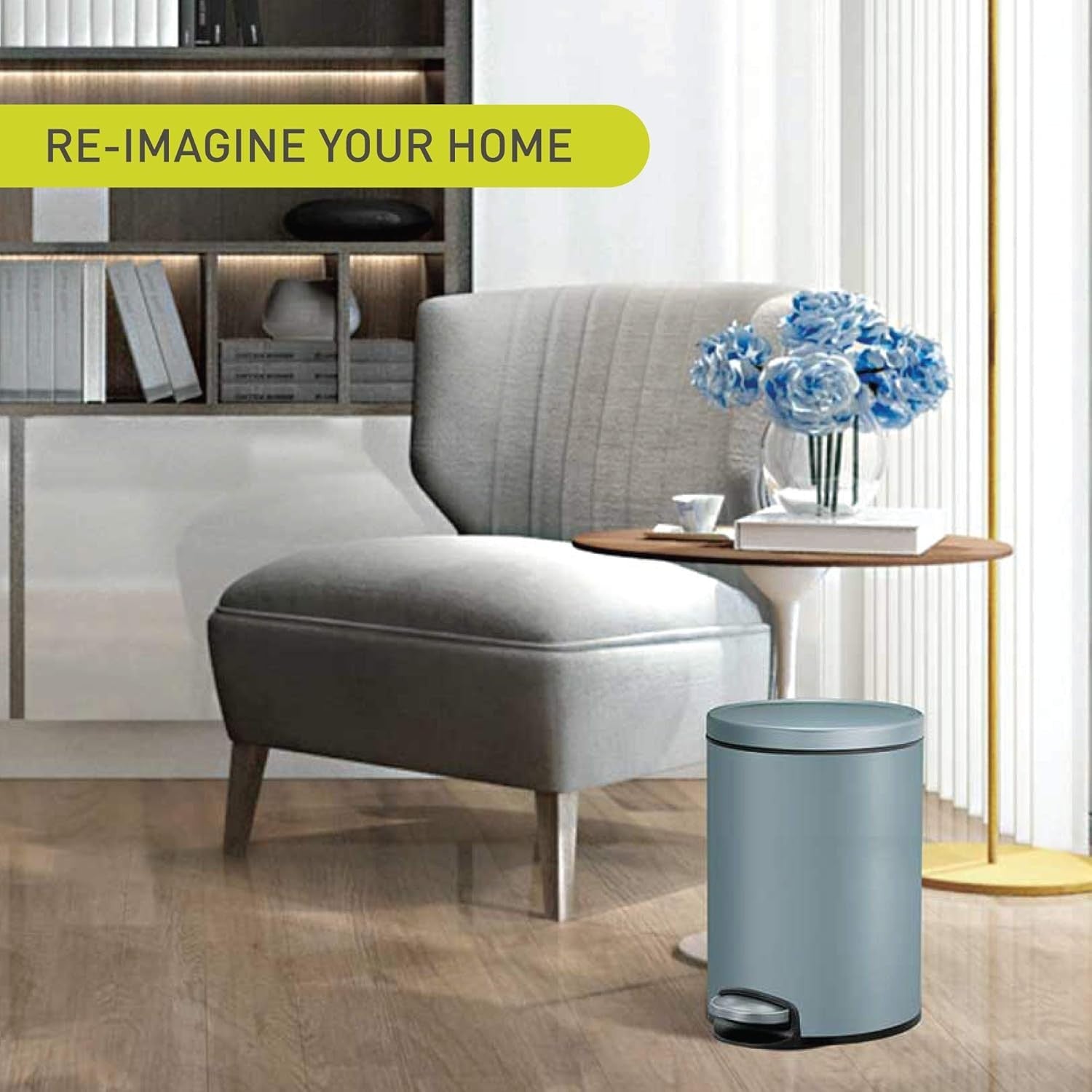 5L Titanium Blue Stainless Steel Pedal Bin Soft Close Bathroom