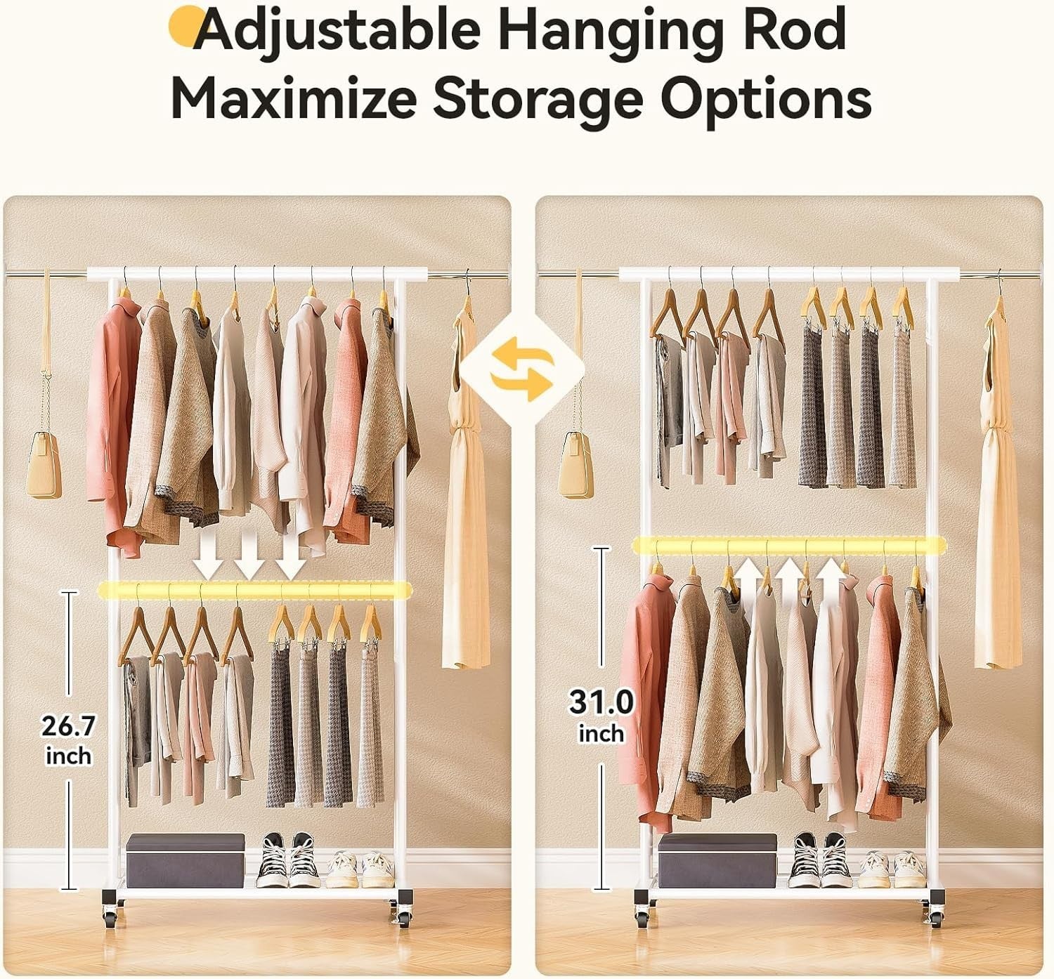 White Metal Garment Rack with Wheels & Bottom Shelves