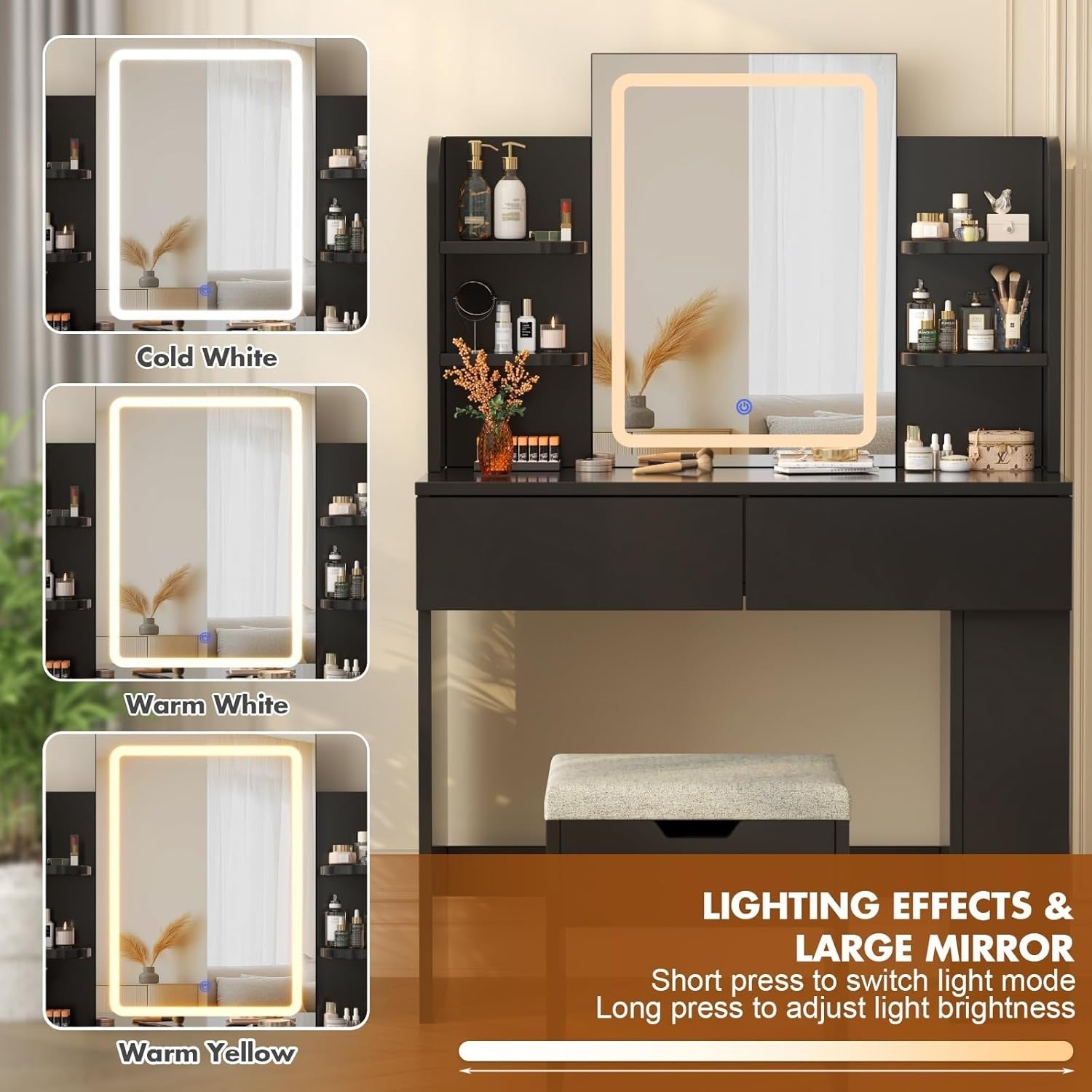 Vanity Dressing Table with LED Mirror Makeup Desk 2 Drawers & Linen Stool