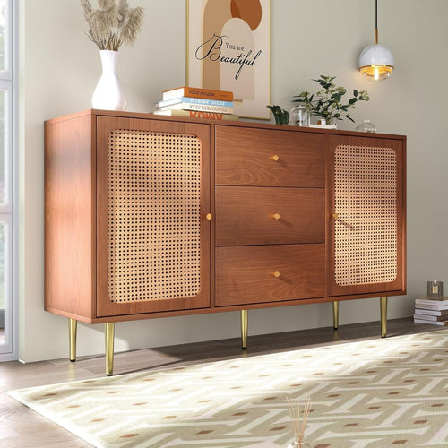 Walnut Rattan Sideboard Cabinet 3 Drawers 2 Doors Storage Unit