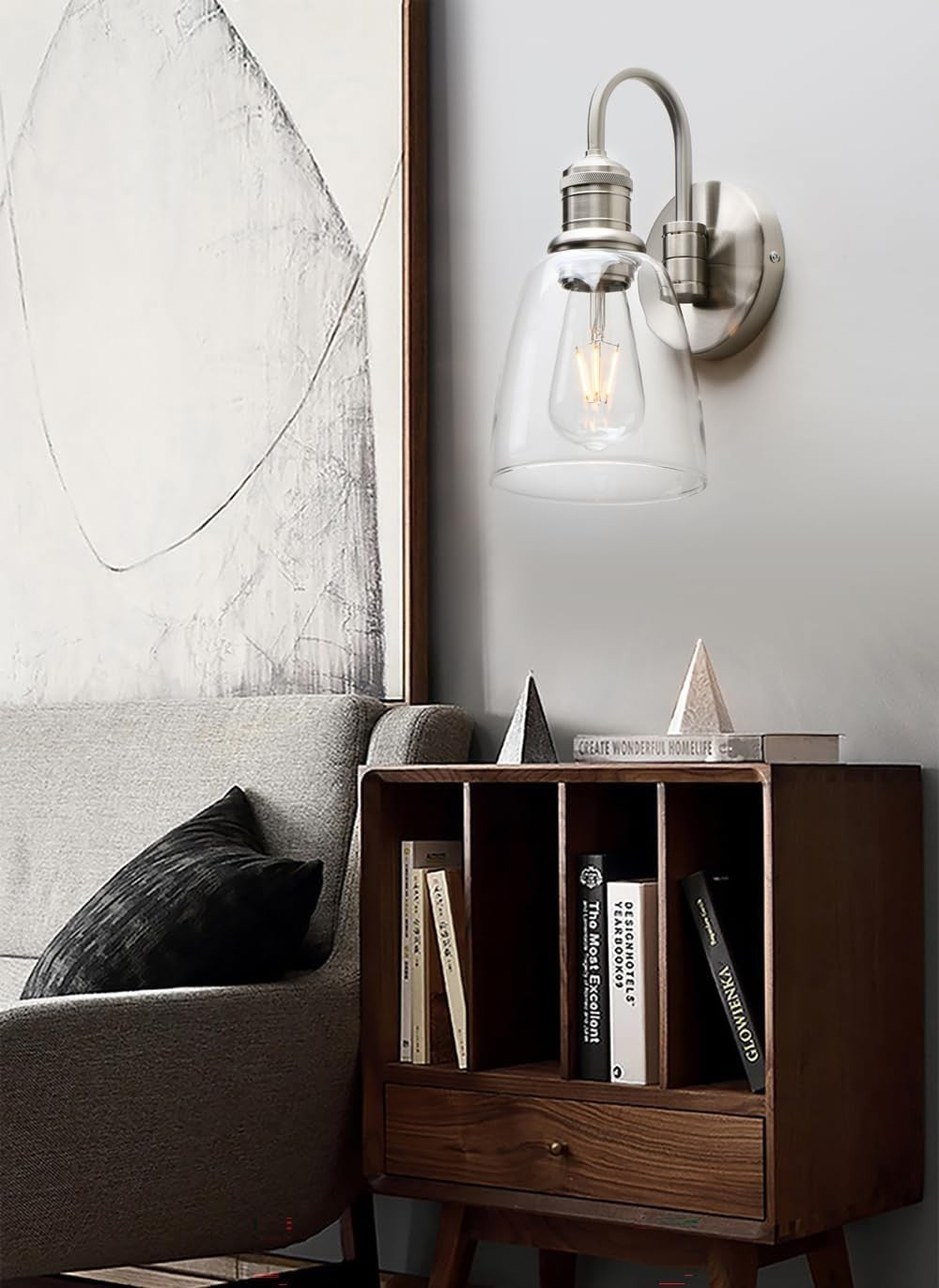 Vintage Industrial Glass Wall Sconce Lights, Clear Shade, Brushed Metal